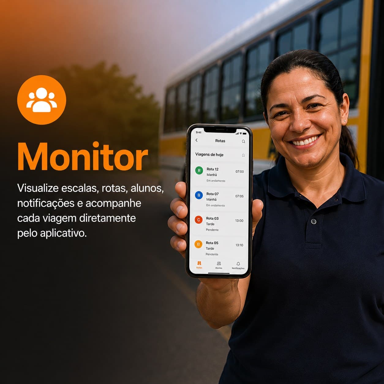 Monitora de transporte escolar visualizando as rotas do dia pelo aplicativo da Rotta
