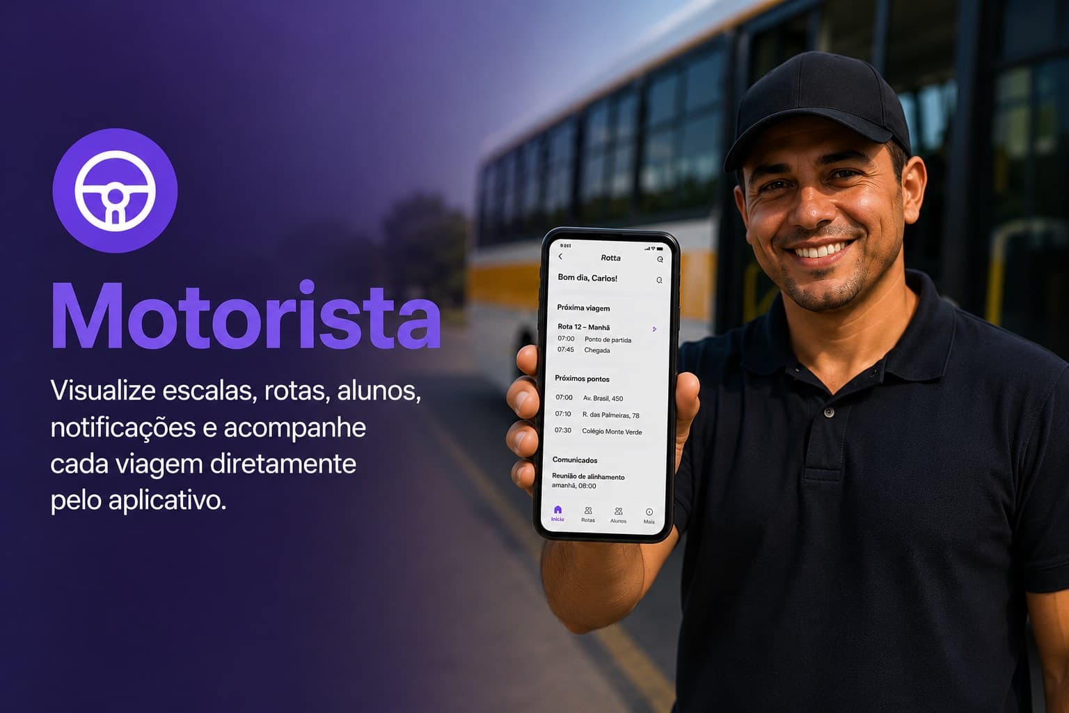 Motorista de transporte escolar visualizando a próxima viagem e os próximos pontos pelo aplicativo da Rotta