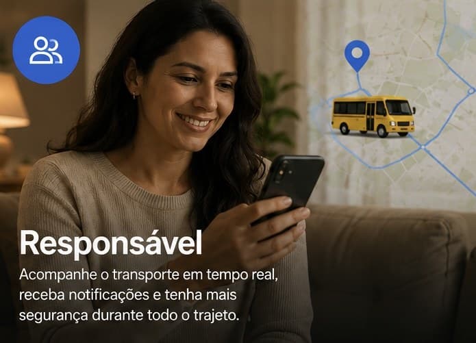 Responsável acompanhando o transporte escolar em tempo real pelo celular